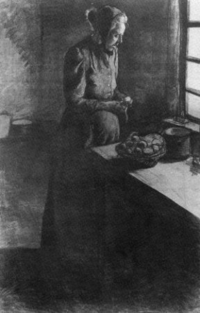 Otto Pankok - Kohlezeichnung 'Kartoffelschälerin am Fenster (Meto)' 1914, 126 x 81 cm